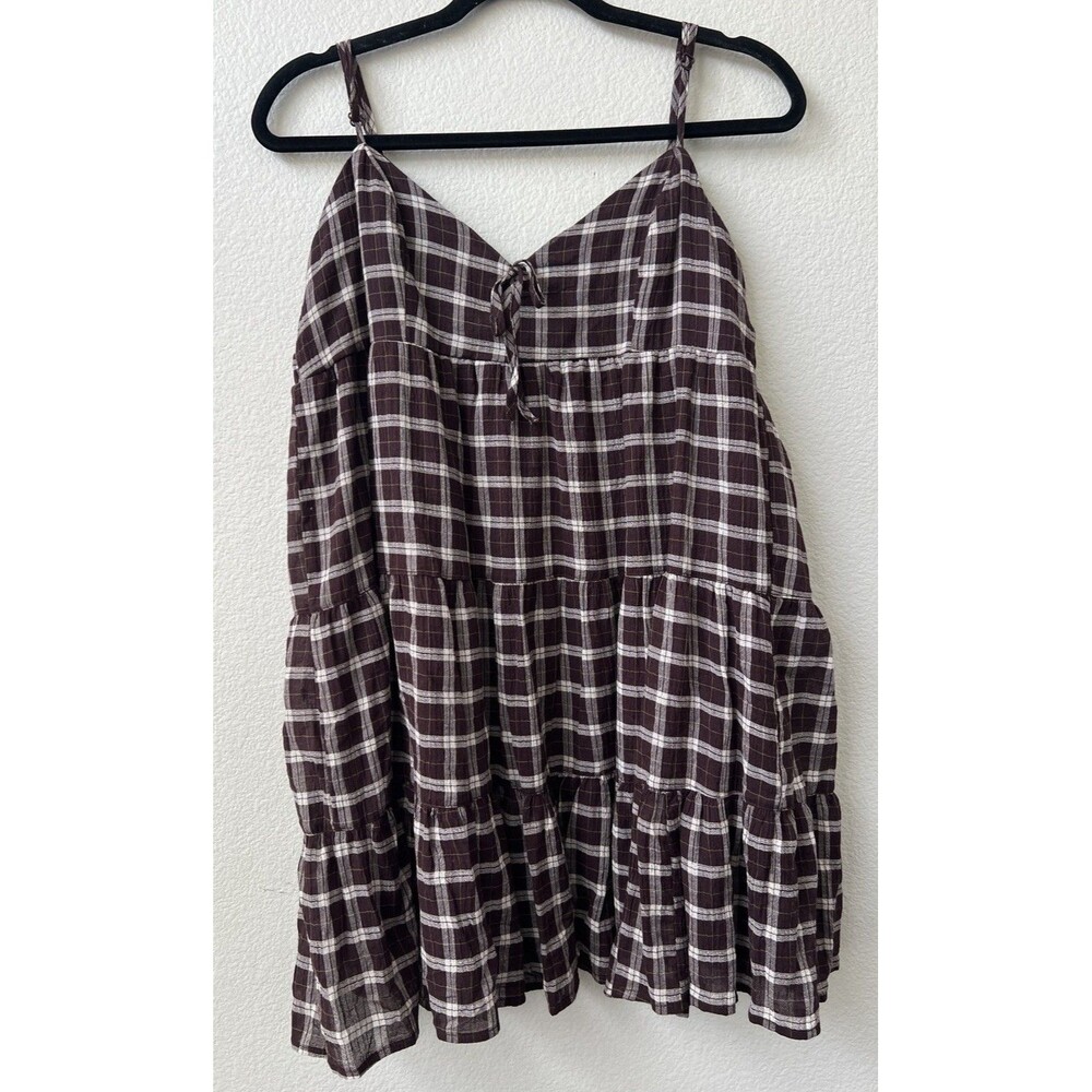 NWT Brown White Plaid Tiered Cami Mini Dress No Boundaries L Babydoll Trapeze